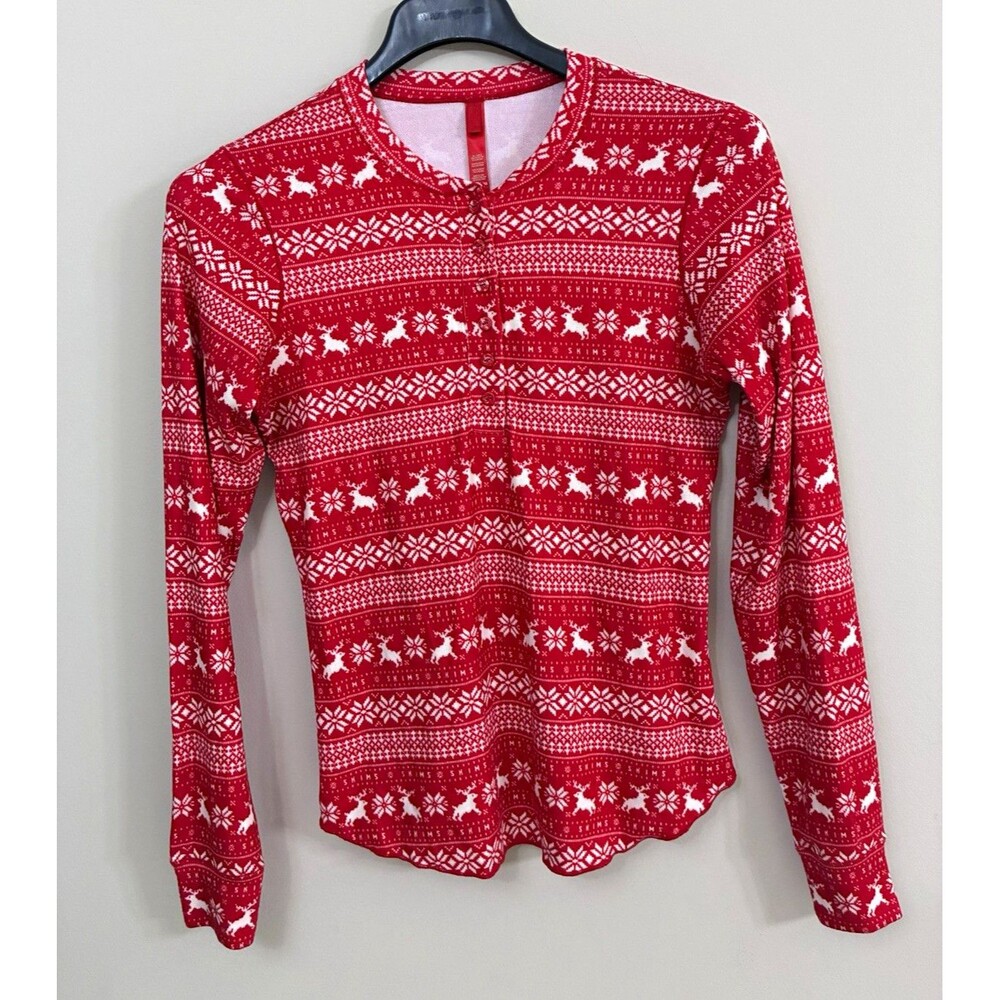 SKIMS Women’s Red White Fair Isle Holiday Henley Knit T-Shirt Stretch XL